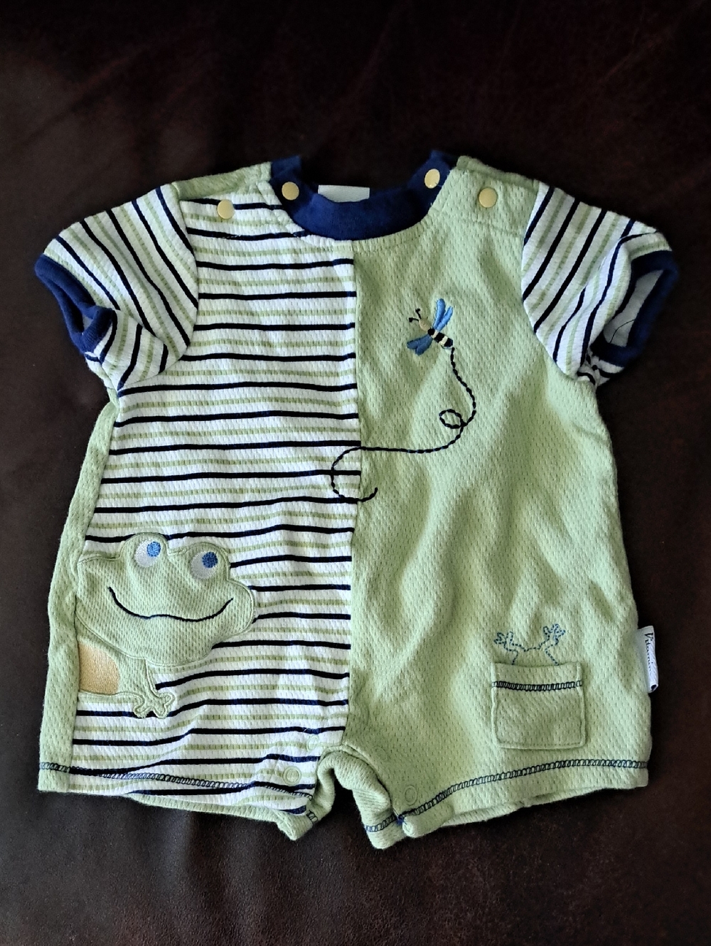 Vitamins Kids Striped & Sage Baby Romper with Frog Applique